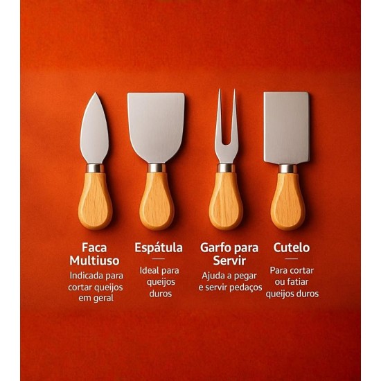 Jogo 4 Utensílios Para Queijo Cabo Em Bambu